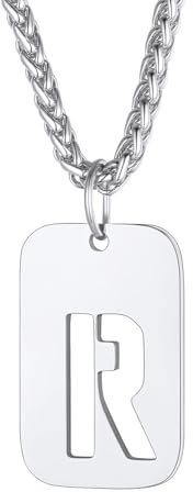 Richsteel Halskette Herren Kette Männer mit Buchstaben A-Z Silber Anhänger | Kette Buchstaben 55+5cm Anhänger für Herren Dogtag Namenskette Partnerkette mit Geschenkebox Personalisierbar Gravuren