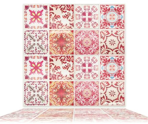 WALPLUS 48 Sheets 15cm(6) Moroccan Rose Red Mosaic Glossy 3D Wall Tile Stickers Splashbacks Vinyl Stick on Tiles Splashback Peel and Stick Bathroom Kitchen Decor Tile Paint