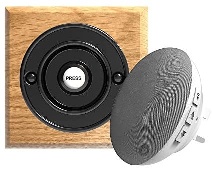 Traditional High Quality Square Wireless Doorbell in Honey Oak and Black Recordable Chime