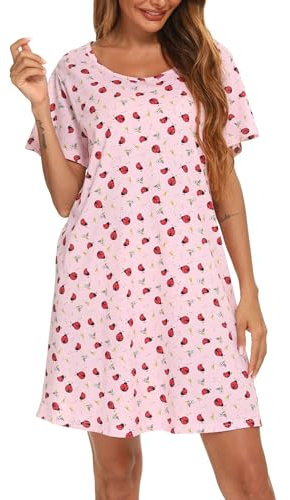 ENJOYNIGHT Chemise de Nuit Femme Manches Courtes Imprimées Robe de Nuit Col Rond Vêtements de Nuit (XX-Large,Coccinelle Rose)