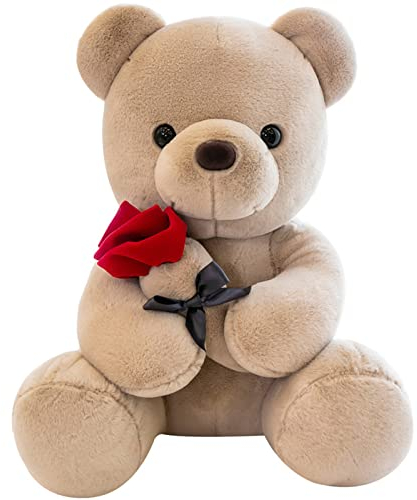 SNOWOLF Teddybär Plüschtier mit Rose, süßes Stofftier Spielzeug Kissen Bär Puppe Geschenk für Kinder Jungen Mädchen Geburtstag Weihnachten Valentinstag (23cm, Braun)
