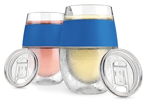 Host Cooling Cup, Set of 2 Plastic Double Wall Insulated Freezable Drink Chilling Tumbler with Freezing Gel, Glasses for Red and White Wine, 8.5 oz (250ml), Blue with Lid (10873)
