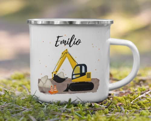 Emaille Tasse Bagger / Feuerwehrmann personalisierte Tasse für Kinder Emaille Becher mit Namen Kindertasse mit namen Trinkbecher Kindergarten Emaille Geschirr inkl gratis Baumwollsäckchen, Weiß
