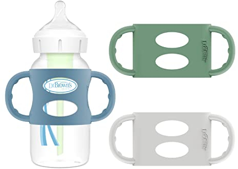 Dr. Brown's Milestones 100% Silicone Baby Bottle Handles, Wide-Neck, Removable Easy-Grip Transitional Sippy Cup Handles, Light Blue, Green, Gray, 4m+, 3 Pack