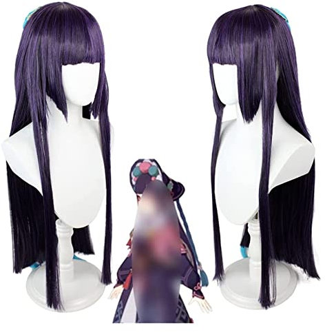 WELLHY Parrucca Cosplay 31 Pollici Genshin Impact Wig Anime Cosplay Parrucca Liyue Lunga Frusta Parrucca Viola con Cappuccio for Parrucca Gratuito for Halloween Party Carnevale Vita Notturna Concerti