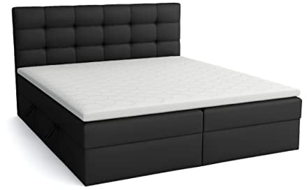 FEDVE Boxspringbett 180x200 Schwarz Öko-Leder – Tomori – Praktisches Bett mit Bettkasten – Stabiles Kopfteil Bett mit Matratze – Solid Doppelbett mit Stauraum zum Schlafzimmer