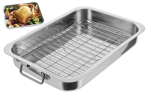 U HOME Stainless Steel Roasting Pan with Rack, Roaster with Baking Rack, Baking Pans, Cooking Tray, Dishwasher Safe Cookware. (Large 37x28x6cm)