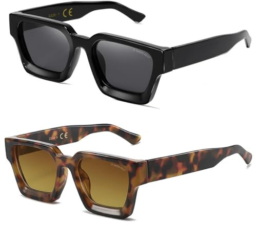 SHEEN KELLY 2PCS Retro spessa rettangolo Chunky occhiali da sole donne uomini trendy stretto quadrato nero Tortie telaio moda 90s Y2K occhiali