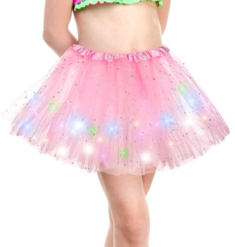 Kefiyis Tüllrock Kinder Tütü Tüllrock Mädchen mit LED Lichterkette Tutu für Ballett Karneval Festival Party Rosa