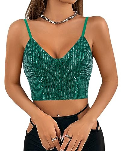 Segreto Damen Glitzer Pailletten Tanktop Ärmellos Spaghettiträger Sexy Crop Top Trägertop Festival Party Club Grün Camisole