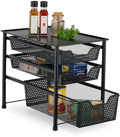 Relaxdays Cassettiera con 3 Estraibili Scaffale Portaspezie con Cassetto, Organizer da Tavolo da Cucina o Scrivania Ufficio, HLP 35x28x42,5 cm, Nero, Acciaio, 35 x 28 x 42.5 cm