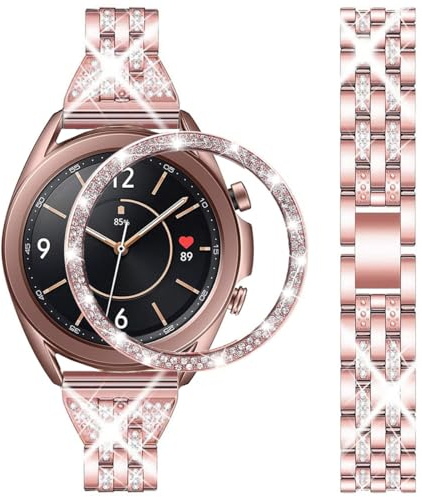 DEALELE Armband Kompatibel mit Samsung Galaxy Watch 3 41mm, 20mm Luxus Diamant Edelstahl Metall Uhrenarmbänder mit Strass Lünette Ring Schutzhülle Ersatz für Damen Herren, Rose pink