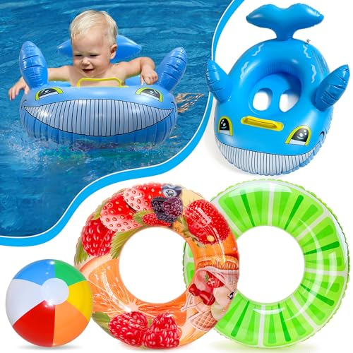 Lubibi 4 Pcs Flotador de Piscina,con Flotadores Inflables de Tiburón para Bebé, Anillas de Natación Inflables de Frutas para Adultos, Pelotas de Playa, Juguetes para Fiestas en La Piscina de Verano
