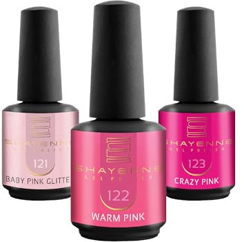 SHAYENNE UV Nagellack Set -MADE in GERMANY 3 Stück - 9121 Baby Pink Glitter 15 ml - 122 Warm Pink - 123 Crazy Pink Gel Farblack Gellack Nagel Lack Nail Polish Nagelgel