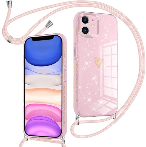 Oelrstfe Paillette Coque pour iPhone 11 avec Cordon de Collier,Étui Housse Souple Silicone avec Motif Coeur et Lanyard Bandoulière Réglable,Antichoc Anti-Chute Paillettes Protection Case,Rose