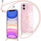 Oelrstfe Paillette Coque pour iPhone 11 avec Cordon de Collier,Étui Housse Souple Silicone avec Motif Coeur et Lanyard Bandoulière Réglable,Antichoc Anti-Chute Paillettes Protection Case,Rose