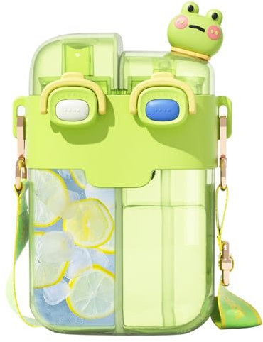 CLWVPCOT Cute Water Bottle, 26oz Kawaii Water Bottles for Girls, Bear Water Bottles with Straw and Adjustable Strap, Dual Compartments Leak-proof Plastic Drinking Cups for Sport Travel (Green)