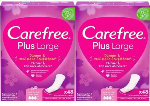 Carefree Slipeinlagen Plus Large mit leichtem Duft (48 Stück), super saugstarke & extra breite Slipeinlagen, um Flüssigkeiten sofort einzuschließen, Größe Large (Packung mit 2)