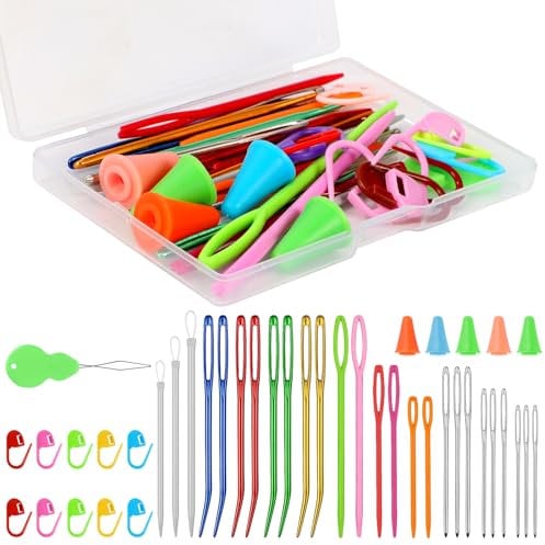 JSRQT Juego de agujas de hilo surtidas con marcadores de puntada, aguja de coser de plástico, tapiz doblado, tejido, darning, ojo grande romo para ganchillo