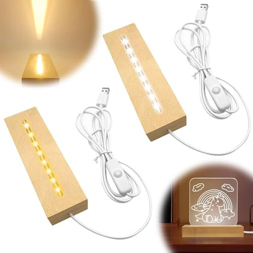 2 Stück Holz Led Sockel, Led Leuchten Display Basis USB Lichtsockel Rechteckige Beleuchteter Holzsockel Holzlicht Display Ständer für DIY Acrylplatte Kunstharz Glas Kristall Kunst Ornamente Warm+Weiß