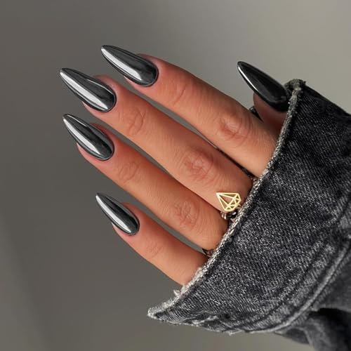 24 Pcs Chrome Almond Press on Nails Short Designs,Navy Blue Solid False Nails Oval,French Stick on Nails for Women and Teens,Metallic Fake
