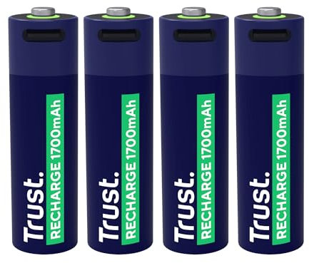 Trust Pilas Recargables AA USB-C 4 Piezas, Puerto USB-C Integrado, No Necesita Cargador de Batería, Alta Capacidad 1700 mAh, Carga con Cable USB Incluido/Cargador de Teléfono, Paquete de 4