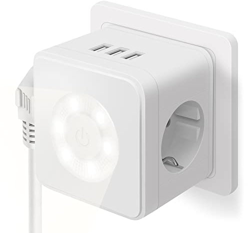 Verbesserte Steckdosenleiste mit USB, Würfel Mehrfachsteckdose mit LED-Nachtlicht mit Schalter, 5 in 1 Kindersicherung 2 Fach Steckdosen Adapter & 3 USB-Anschluss, Steckdosenwürfel Ohne Kabel