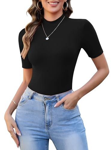 SHAPERIN Women's Tops Short Sleeve Turtleneck T-Shirt Top Based Layer Tight Shirts Tee Mock Neck Half Sleeve Top Black S