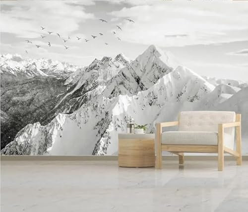XDOUBAO Papier peint mural 3D noir blanc neige montagne paysage fresque salon papiers peints décoration d'intérieur, 3D, 200x140cm