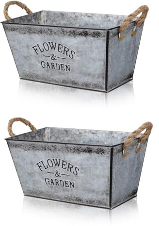 VINTORKY 2pcs Tin Flower Pot Outdoor Plants Succulent Plants Windowsill Planter Large Arrangement Garden Plant Stand Galvanized Stakes Rectangle Planters for Outdoor Vintage Wrought Iron