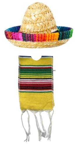 Cazqgoy 1pcs Kleine Mexikanische Sombrero-mützen Und 1pcs Serapes Ponchos Für Flaschen,Bunter Bier-Poncho-überzug,Tiny Sombrero Hat, Mini Serapes Poncho For Bottles