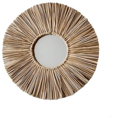 Fauhapyway Espejo de pared redondo decorativo con borde de cuerda de paja, marco de cuentas de madera natural, decoración bohemia, sala de estar, baño, dormitorio, 15.74 pulgadas