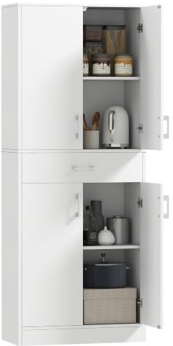 HOMCOM Credenza Cucina Alta con 2 Armadietti 70.8x34x180 cm Bianco | Mobile Dispensa, Cassetto Grande, Ripiani Regolabili, Mobile Cucina, Sala da Pranzo, Soggiorno, Salotto