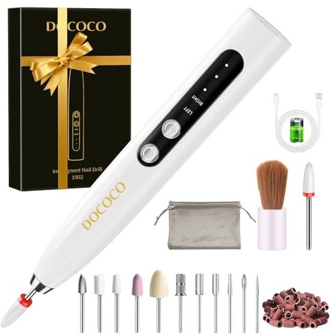 DOCOCO Kabellos Tragbar Nagelfräser 35000 u/min, 15 in 1 Professionell Elektrische Nagelfeile Fräser für Gelnägel und Acrylnägel, Nail Drill für Maniküre Pediküre mit Verstellbarer Geschwindigkeit