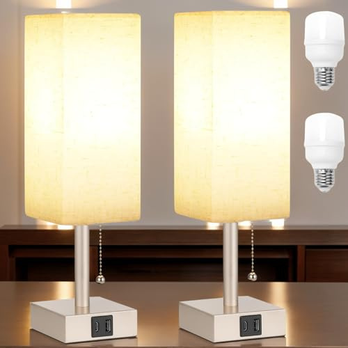 Silberne Nachttischlampe mit 3 Farbtemperaturen, Kettensteuerung, Dual-USB-Anschlüsse, LED-Lampe zum Lesen, Arbeiten, Schlafen, 2 Stück