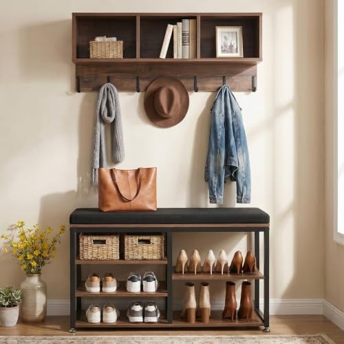 VEVOR Porte Manteau Mural avec Banc à Chaussures, Meuble d'Entrée avec Structure en Acier, Rangement pour Couloir Chambre Dressing, Vestiaire d'Entrée avec Patères et Étagère, Marron Rustique