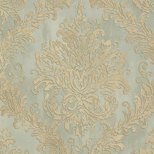Profhome Barock Tapete 790492-GU heißgeprägte Vliestapete grau gold grün-beige 0,53 m x 10,05 m = 5,33 m2