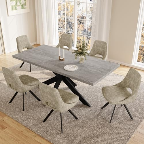 JIEXI Essgruppen Für 4-6 Personen, Esstisch Ausziehbar, Moderner Grauer MDF-Holztisch, Geeignet Für Wohnzimmer, Küche (130-170cm Tisch + 6 Hellbraun Stühle in X-Form)