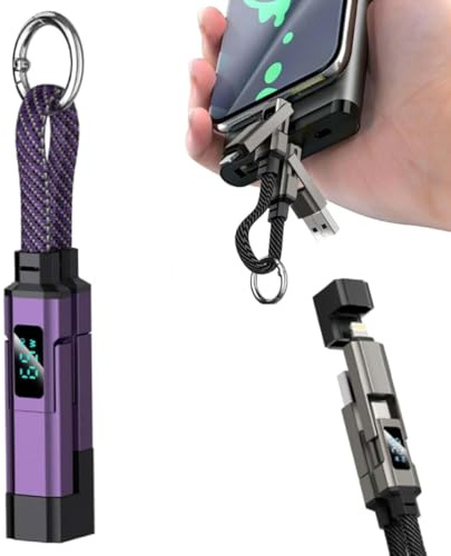 4 in 1 USB C Keychain Charger Cable, 65W Fast Charging Short Phone Lanyard Data Cable Fit Light-ning/Type-C/USB-A/USB-C, Portable Multi Charge LED Display Digital Cord (Purple)