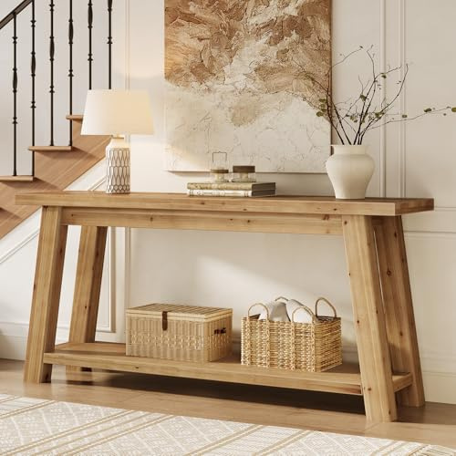 TRIBEWOOD Konsolentisch Massivholz 180 cm | Schmaler Flurtisch 2-stöckig für Eingangsbereich, Hinter Sofa Couch, Wohnzimmer Schlafzimmer Diele | Landhausstil Sofatisch Ablagetisch Naturholz