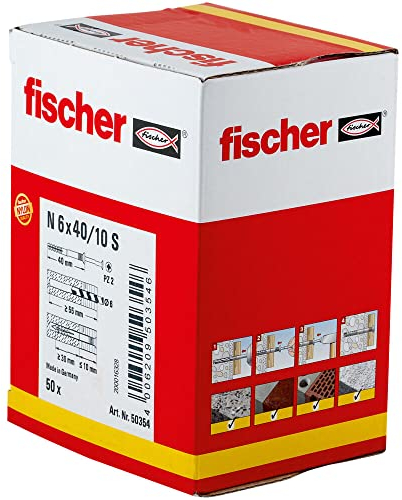 fischer - Tornillo y taco de golpe de acero N 6X40/10 para hormigón, Caja 50 unidades, Color Blanco
