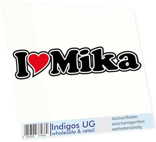 INDIGOS UG - Aufkleber - Autoaufkleber I Love Heart - Ich Liebe mit Herz 15 cm - I Love Mika - Auto LKW Truck - Sticker mit Namen vom Mann Frau Kind