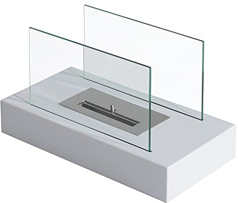 HOMCOM Camino a Bioetanolo da Tavolo 830 W Bruciatori senza Residui Inodore In Acciaio Inox con Vetro 35x18x21 cm Bianco