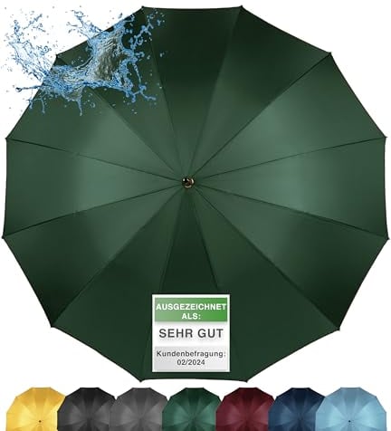 ADRIANO PORCARO® - Parapluie automatique - Coupe-vent avec tige en bois - Entretoise à 12 branches en fibre - Grand, solide et résistant au vent - 120 cm de diamètre, vert olive, XXL