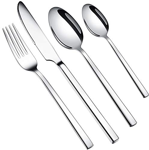WUJO Cutlery Set, Stainless Steel Dinner Set 16, Dinnerware/Tableware/Silverware Set, Include Knife/Fork/Spoon/Teaspoon, Mirror Polished, Dishwasher Safe (16pcs, WJ046)