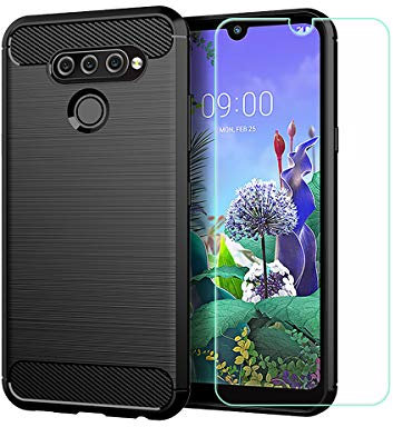 DQG Funda para LG Q60 (6.26), Ultra Slim Fibra de Carbono Carcasa Suave TPU Silicona Caso Case Cover + Protector de Pantalla Templado Film Protectora - Negro