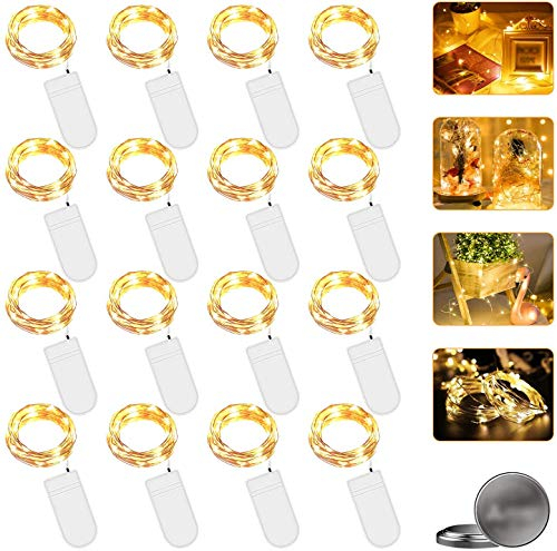 Nasharia LED Lichterkette mit Batterie, 16 Stück 2 Meter 20er Micro Kupfer Lichterkette IP65 Wasserdicht Warmweiß Dekorative Lichterkette String Beleuchtung Ambiente für Party Garten Hochzeit