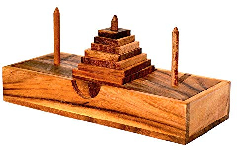 Pagoda 7 Quadrat medium, Knobelholz Konzentrationsspiel mit 7 eckigen Scheiben aus Holz, setze den Turm um Aber benutze nur 1 Scheibe, Turm von Hanoi Holzpuzzle, Knobelspiel, IQ Puzzle