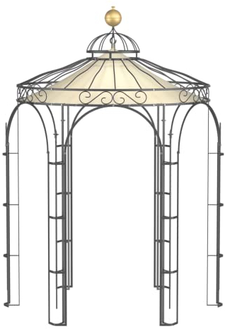 ELEO Pavillon Siena anthrazit mit Sonnensegel und Dekorkugel - rund 2x2m Rankpavillon für den Garten handgeschmiedet Schmiedeeisen - Rosenpavillon Metall stabil pulverbeschichtet - Sonnenschutz Dach