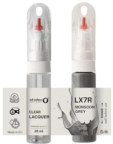 SD COLORS Peinture de retouche gris Monsoon LX7R - 20 ML - Pinceau pratique pour réparer les rayures (peinture + vernis)